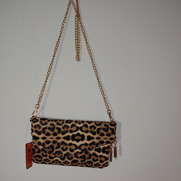 ALBA Leopard Envelope Clutch Crossbody Bag Brown - Picture 1 of 8